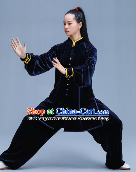 Chinese Traditional Kung Fu Navy Velvet Garment Outfits Martial Arts Stage Show Costumes for Women