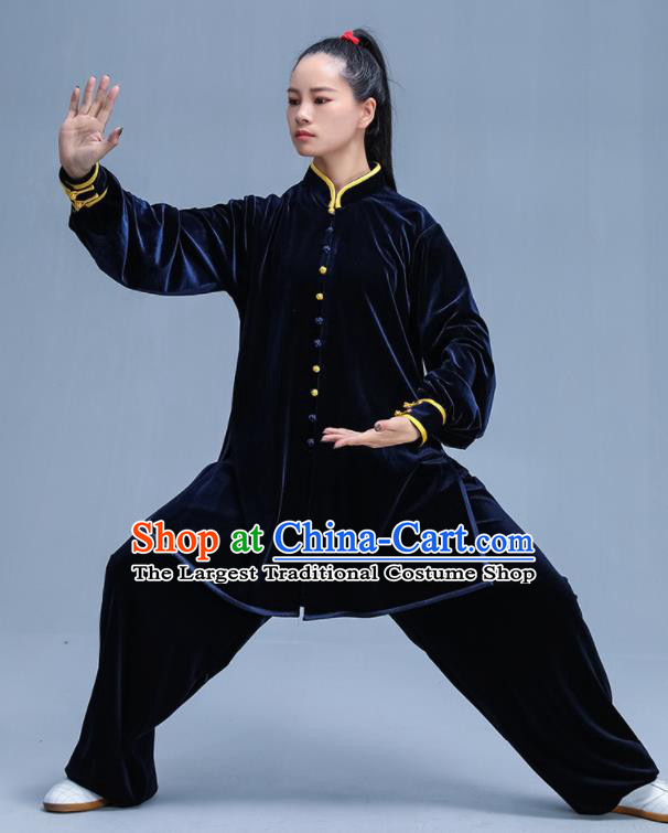 Chinese Traditional Kung Fu Navy Velvet Garment Outfits Martial Arts Stage Show Costumes for Women