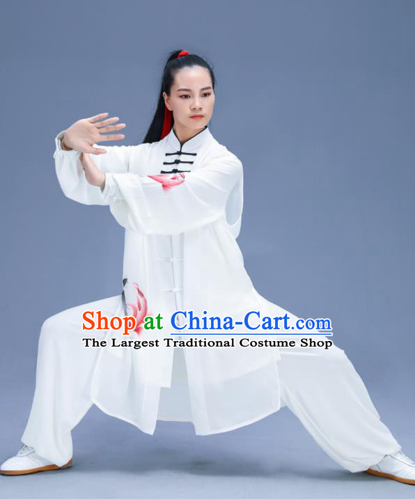 Chinese Traditional Kung Fu Training Printing Carps White Garment Outfits Martial Arts Stage Show Costumes for Women