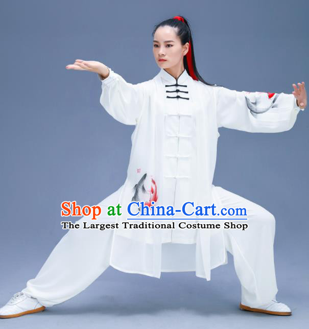 Chinese Traditional Kung Fu Training Printing Carps White Garment Outfits Martial Arts Stage Show Costumes for Women