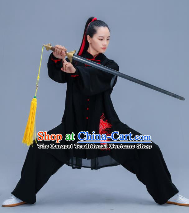 Chinese Traditional Kung Fu Training Embroidered Peony Black Garment Outfits Martial Arts Stage Show Costumes for Women