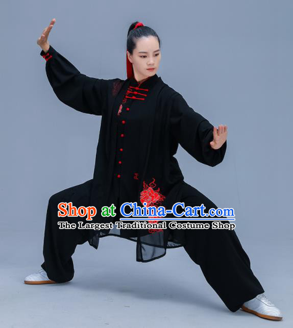 Chinese Traditional Kung Fu Training Embroidered Peony Black Garment Outfits Martial Arts Stage Show Costumes for Women