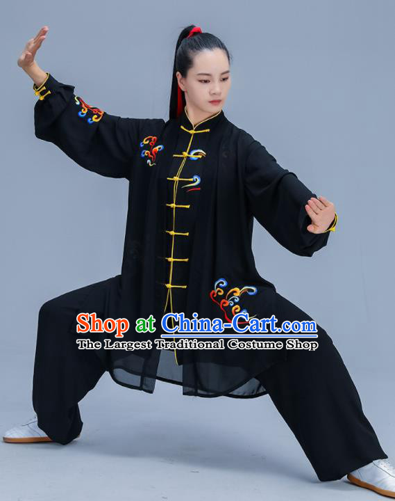 Chinese Traditional Kung Fu Training Embroidered Cloud Black Garment Outfits Martial Arts Stage Show Costumes for Women