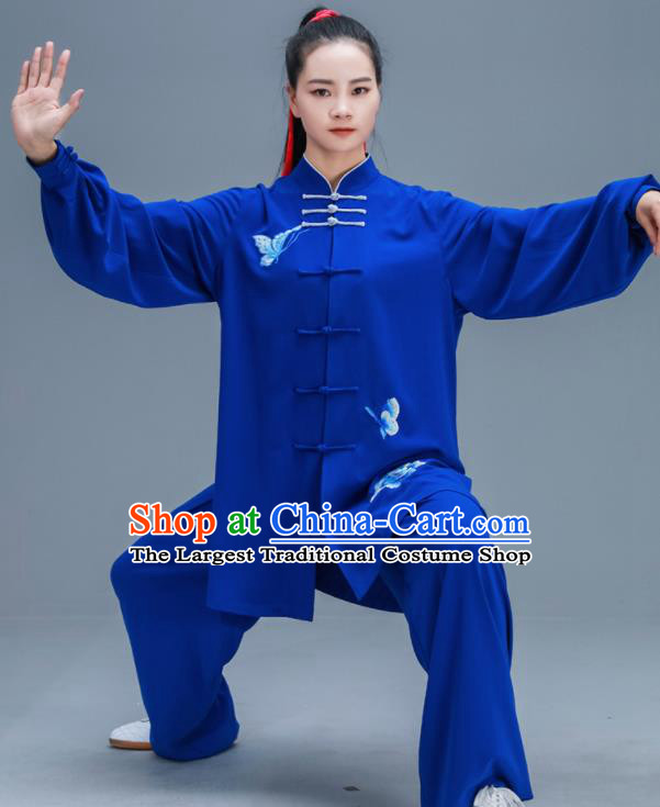 Chinese Traditional Kung Fu Tai Chi Training Embroidered Peony Royalblue Garment Outfits Martial Arts Stage Show Costumes for Women