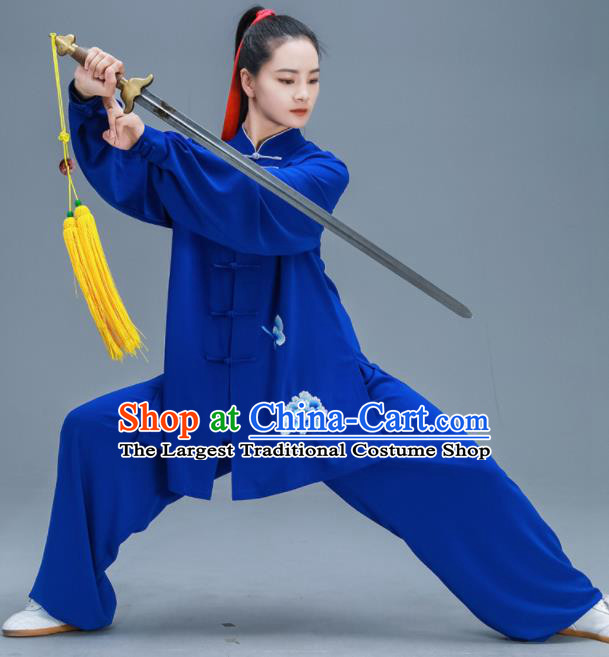 Chinese Traditional Kung Fu Tai Chi Training Embroidered Peony Royalblue Garment Outfits Martial Arts Stage Show Costumes for Women