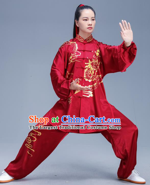 Chinese Traditional Kung Fu Red Silk Outfits Martial Arts Competition Costumes for Women