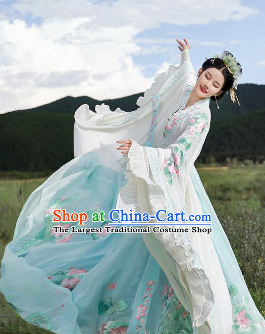 Traditional Chinese Embroidered Lotus Blue Hanfu Dress Ancient Goddess Empress Costumes for Women