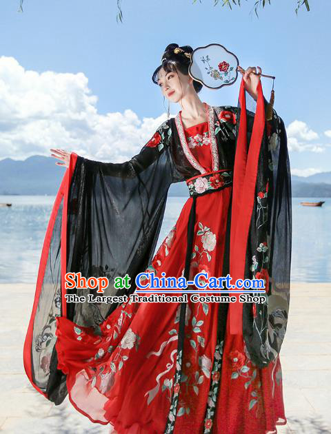 Traditional Chinese Embroidered Peony Red Hanfu Dress Ancient Princess Goddess Empress Costumes for Women
