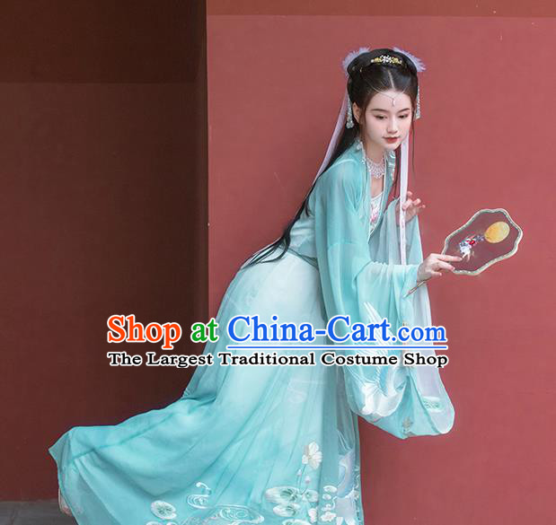 Traditional Chinese Song Dynasty Embroidered Green Hanfu Dress Ancient Goddess Empress Costumes for Women