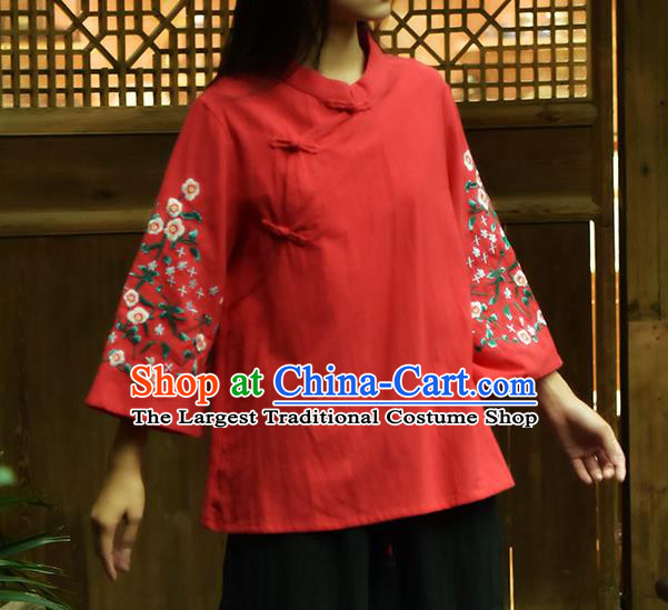Chinese Tai Chi Embroidered Red Flax Blouse Traditional Tang Suit Costume for Women