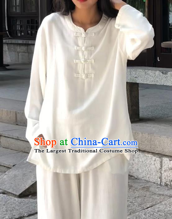 Chinese Martial Arts White Flax Garment Outfits Traditional Tai Chi Kung Fu Costumes for Adult