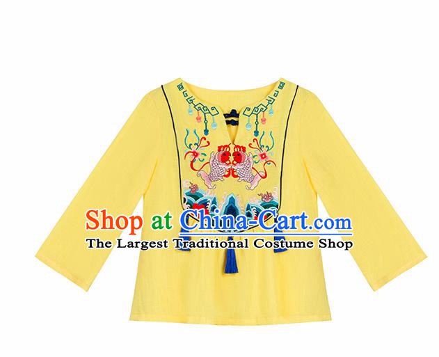 Chinese Embroidered Carps Yellow Shirt Upper Outer Garment Traditional Tang Suit Costume for Women