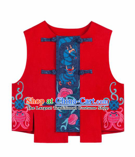 Chinese Embroidered Red Vest Upper Outer Garment Traditional Tang Suit Waistcoat Costume for Women