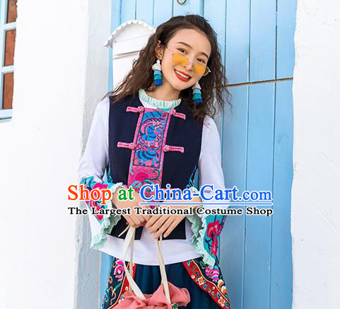 Chinese Embroidered Navy Vest Upper Outer Garment Traditional Tang Suit Waistcoat Costume for Women