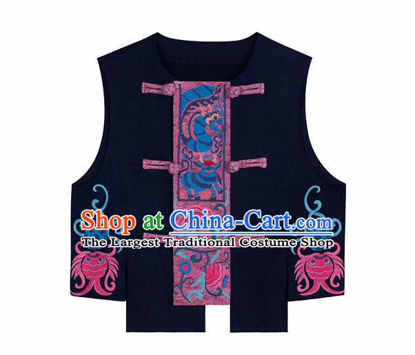 Chinese Embroidered Navy Vest Upper Outer Garment Traditional Tang Suit Waistcoat Costume for Women