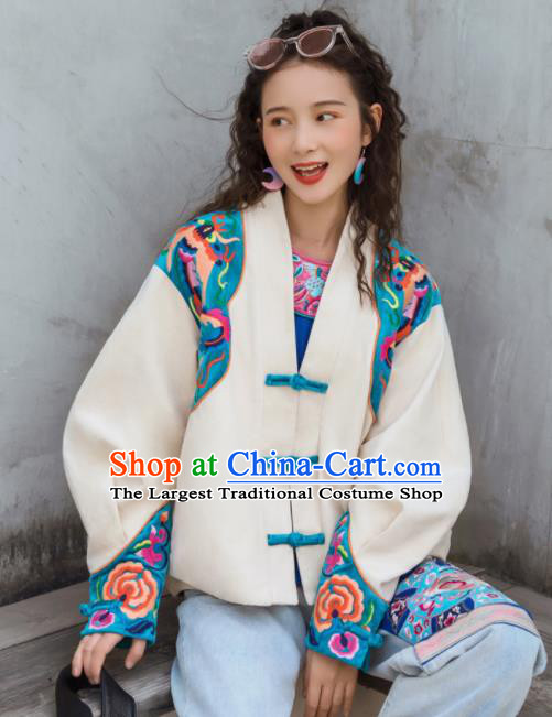 Chinese Traditional Embroidered Peony Beige Jacket National Overcoat Costumes for Women