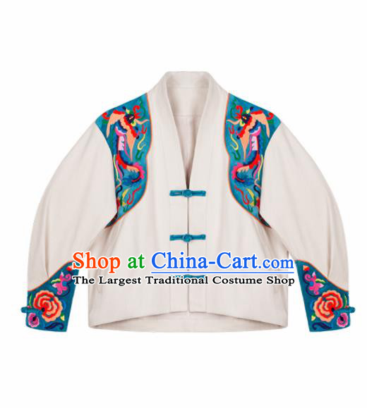 Chinese Traditional Embroidered Peony Beige Jacket National Overcoat Costumes for Women