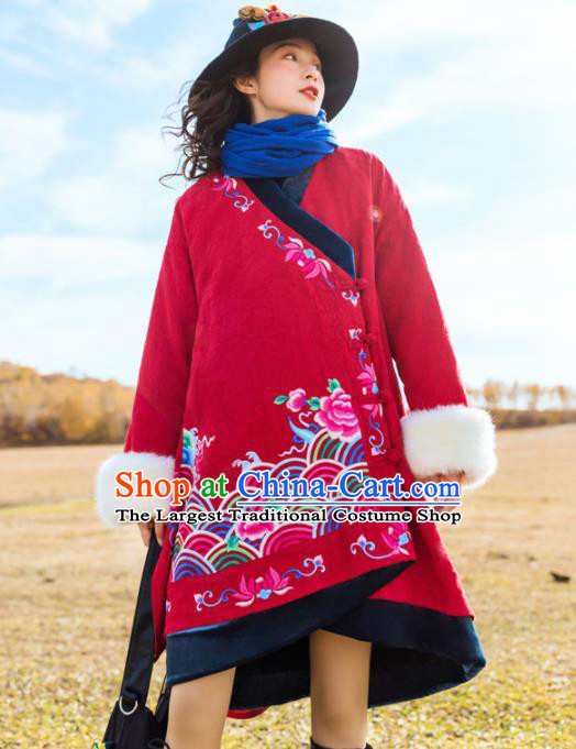 Chinese Traditional Embroidered Peony Red Cotton Padded Coat National Overcoat Costumes for Women