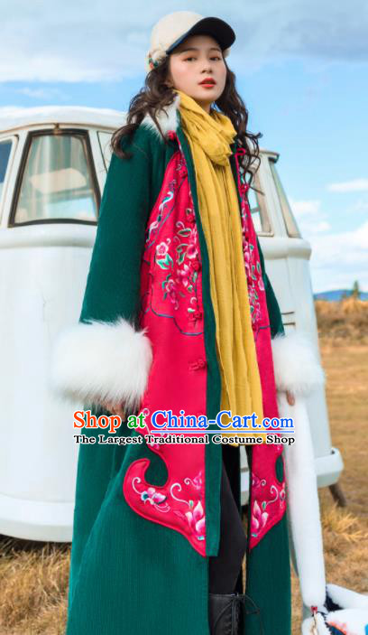 Chinese Traditional Embroidered Cotton Padded Dust Coat National Overcoat Costumes for Women