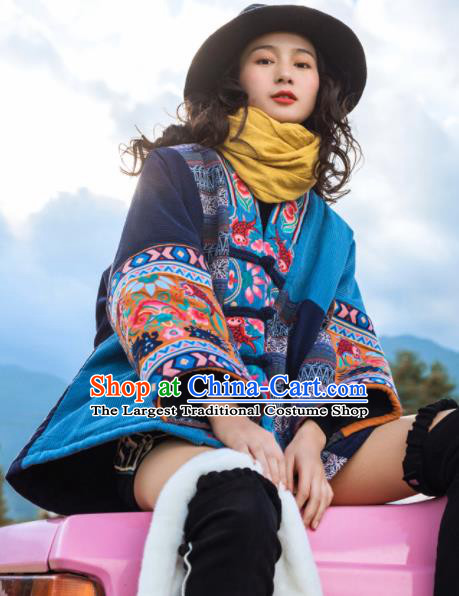 Chinese Traditional Embroidered Blue Cotton Padded Jacket National Overcoat Costumes for Women