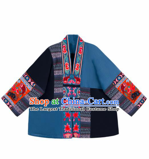 Chinese Traditional Embroidered Blue Cotton Padded Jacket National Overcoat Costumes for Women
