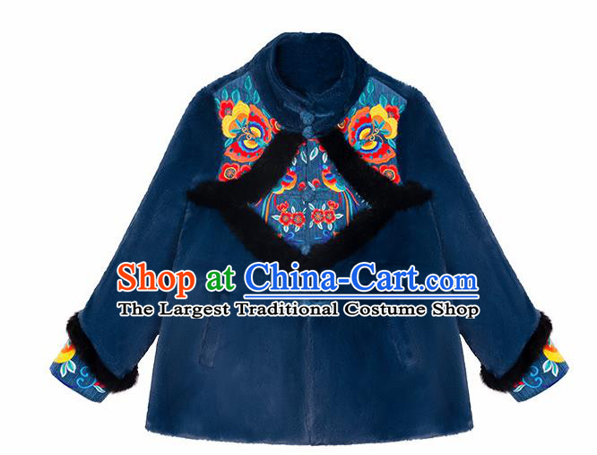 Chinese Traditional Embroidered Blue Imitation Fur Jacket National Overcoat Costumes for Women