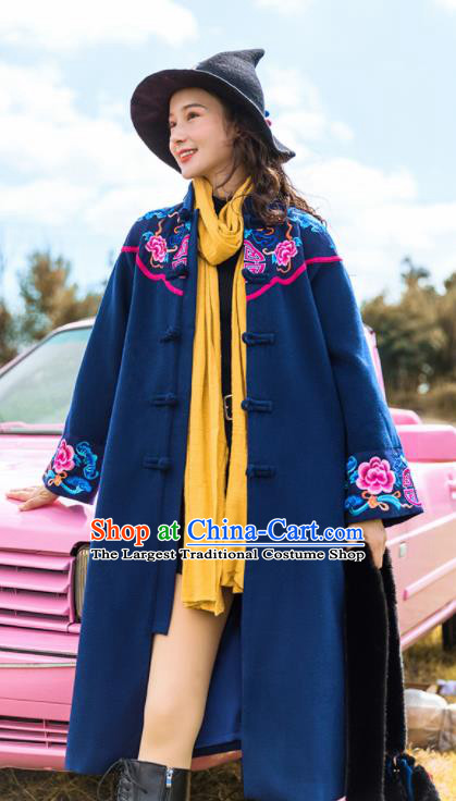 Chinese Traditional Embroidered Peony Navy Woolen Dust Coat National Overcoat Costumes for Women