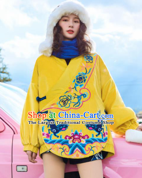 Chinese Traditional Embroidered Yellow Cotton Padded Jacket National Overcoat Costumes for Women
