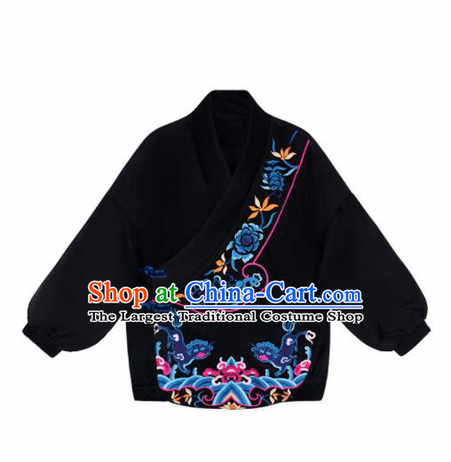 Chinese Traditional Embroidered Black Cotton Padded Jacket National Overcoat Costumes for Women