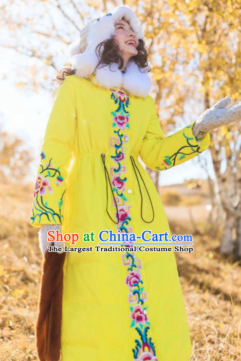 Chinese Traditional Embroidered Yellow Down Coat National Overcoat Costumes for Women