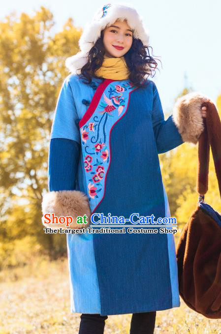 Chinese Traditional Embroidered Blue Corduroy Cotton Padded Coat National Overcoat Costumes for Women