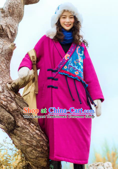 Chinese Traditional Embroidered Rosy Cotton Padded Coat National Overcoat Costumes for Women
