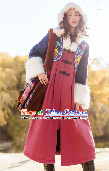 Chinese Traditional Winter Embroidered Dust Coat National Tang Suit Overcoat Costumes for Women