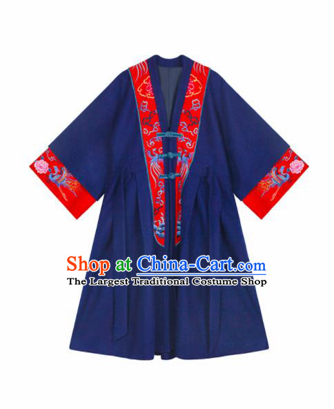 Chinese Traditional Winter Embroidered Navy Woolen Dust Coat National Tang Suit Overcoat Costumes for Women