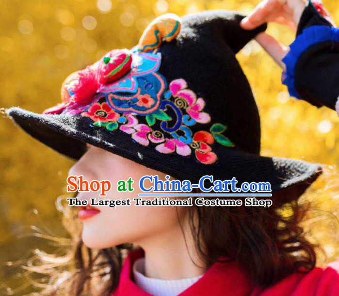 Chinese Traditional Embroidered Tiger Black Hat National Wizard Hat for Women