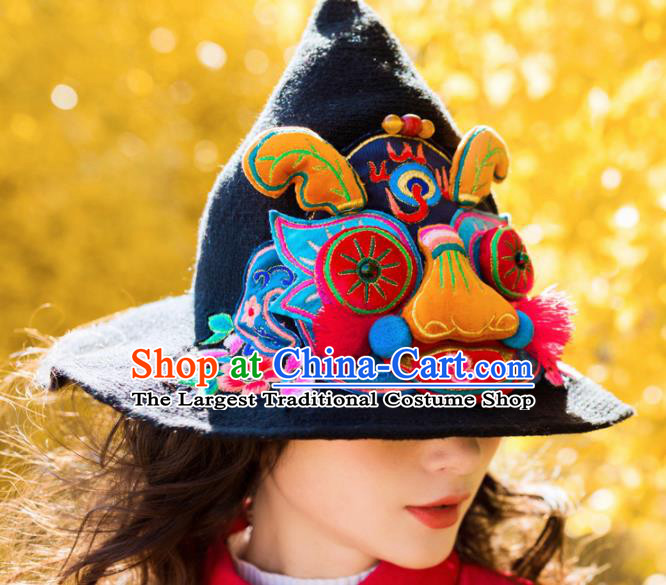 Chinese Traditional Embroidered Tiger Black Hat National Wizard Hat for Women