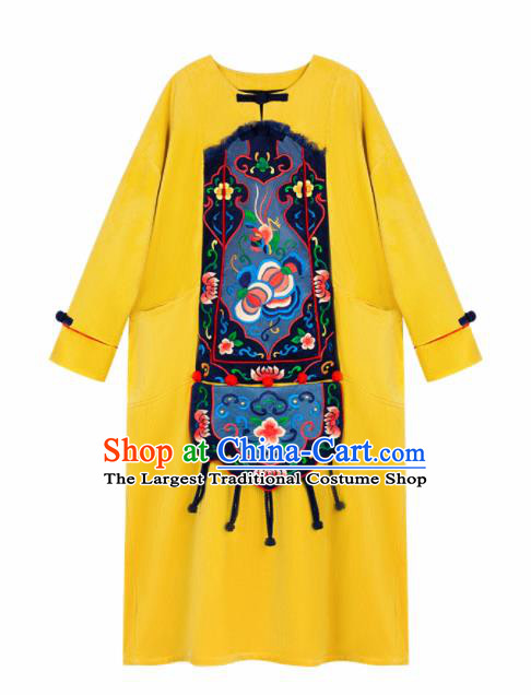 Chinese Traditional Embroidered Yellow Dress National Cheongsam Costumes for Women