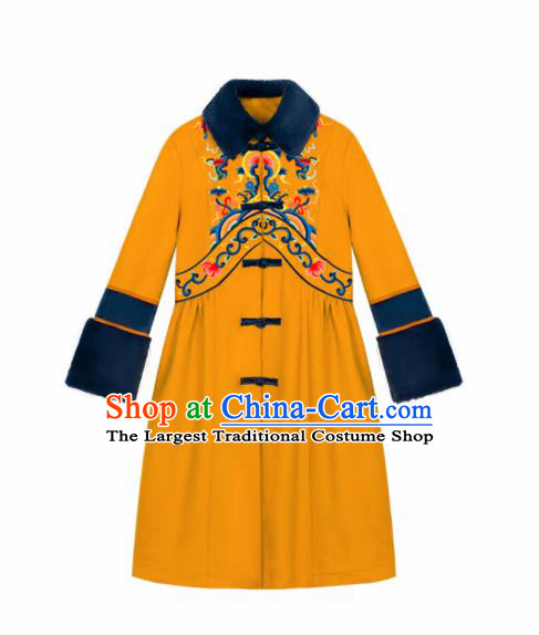 Chinese Traditional Embroidered Ginger Woolen Dust Coat National Tang Suit Overcoat Costumes for Women