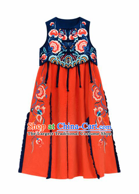 Chinese Traditional Embroidered Orange Vest Dress National Tang Suit Costumes for Women