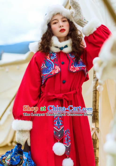 Chinese Traditional Winter Embroidered Red Dust Coat National Tang Suit Overcoat Costumes for Women