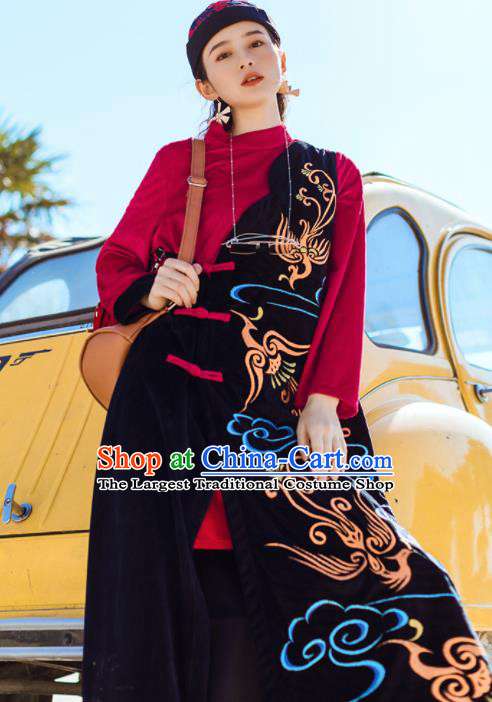 Chinese Traditional Embroidered Cloud Black Qipao Dress National Tang Suit Costumes for Women