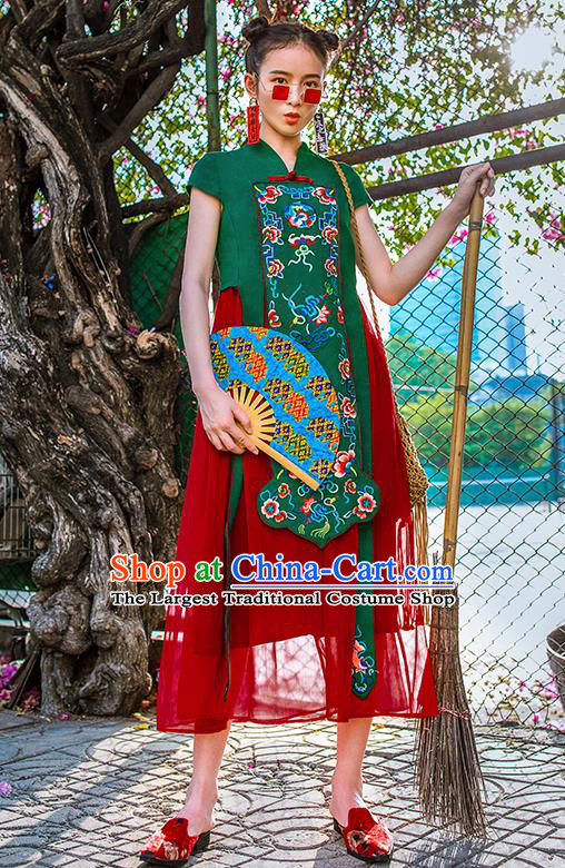 Chinese Traditional Embroidered Bats Green Qipao Dress National Tang Suit Cheongsam Costumes for Women