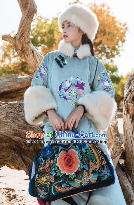 Chinese Traditional Winter Embroidered Blue Cotton Padded Dust Coat National Tang Suit Overcoat Costumes for Women