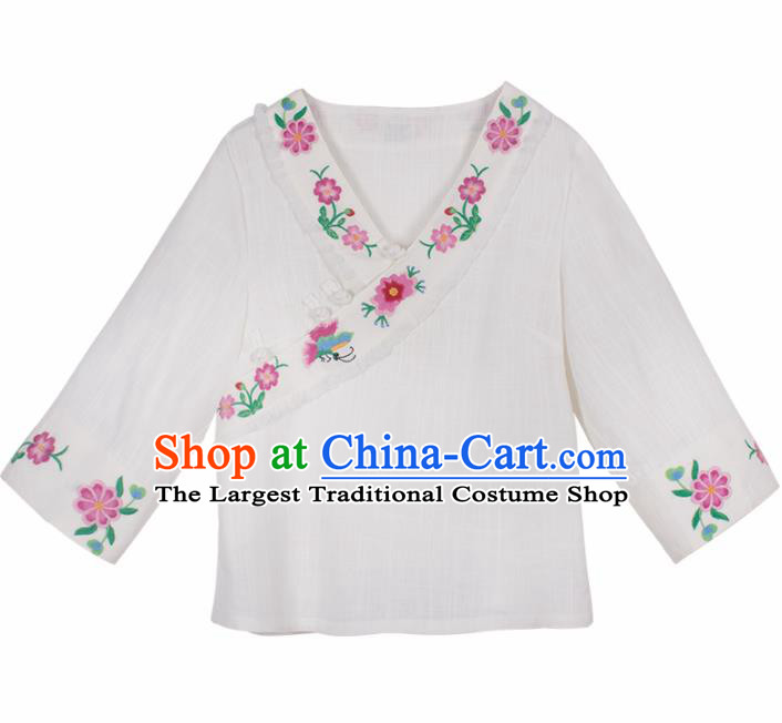 Chinese Traditional Embroidered White Shirt National Upper Outer Garment Tang Suit Costume for Women