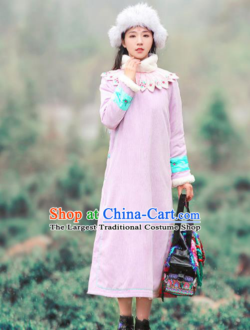Chinese Traditional Embroidered Lilac Qipao Dress National Tang Suit Cheongsam Costumes for Women