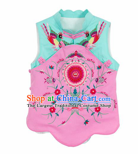 Chinese Traditional Embroidered Pink Waistcoat National Upper Outer Garment Tang Suit Costume for Women