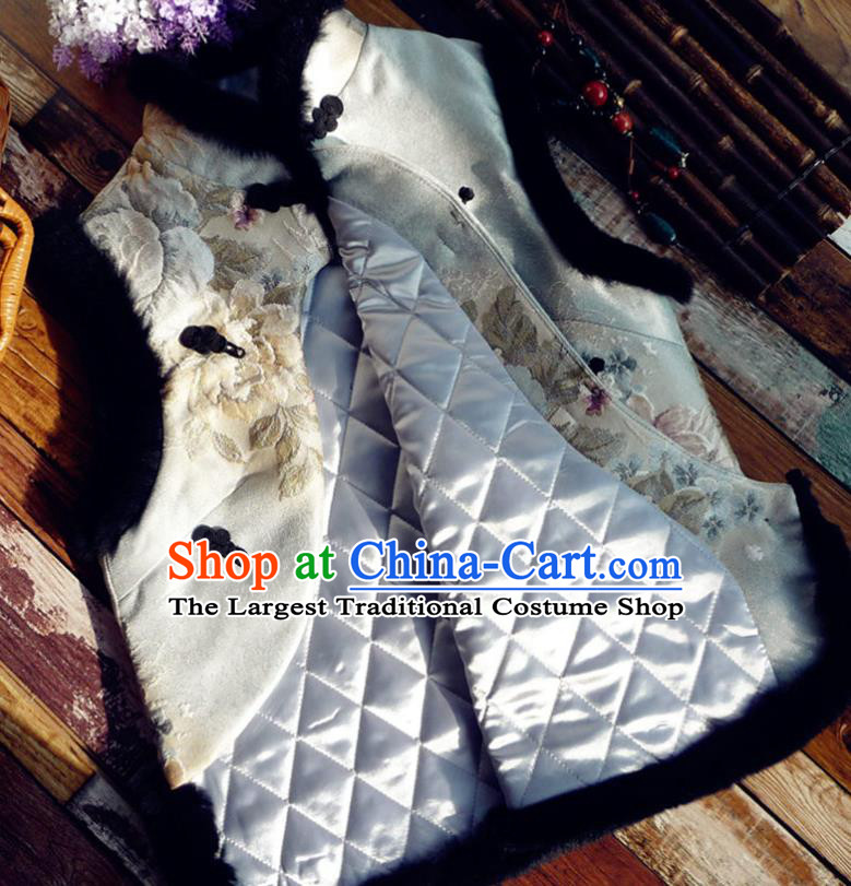 Chinese Traditional Embroidered White Waistcoat National Upper Outer Garment Tang Suit Vest Costume for Women
