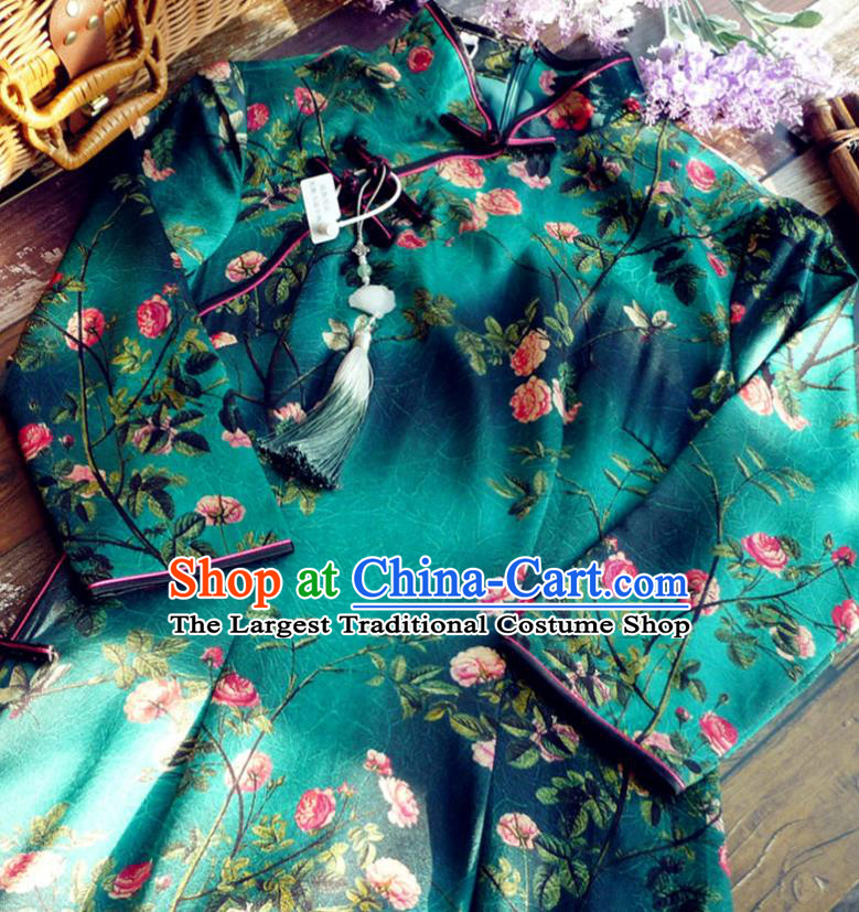 Chinese Traditional Printing Peony Deep Green Qipao Dress National Tang Suit Cheongsam Costumes for Women