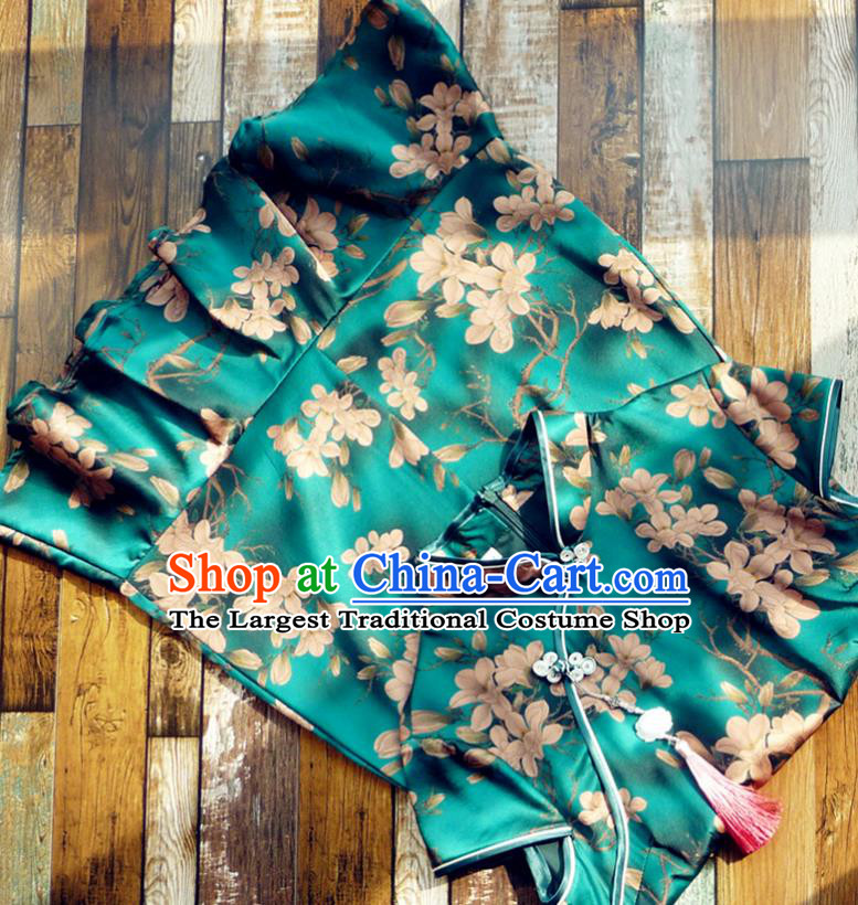 Chinese Traditional Printing Magnolia Deep Green Silk Qipao Dress National Tang Suit Cheongsam Costumes for Women
