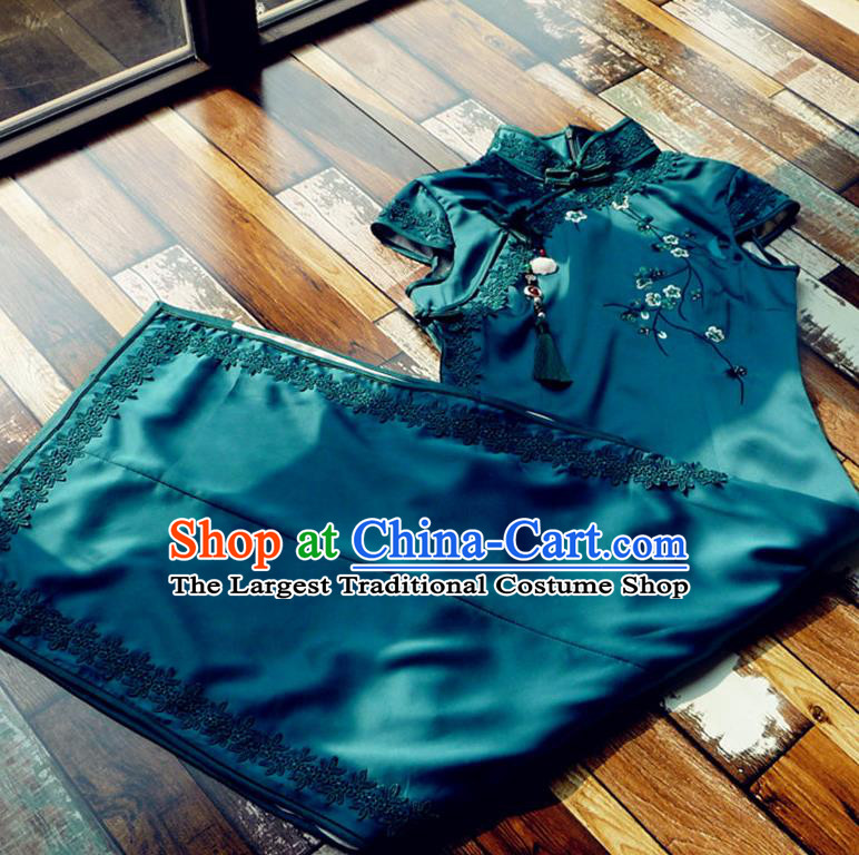 Chinese Traditional Embroidered Plum Deep Green Silk Qipao Dress National Tang Suit Cheongsam Costumes for Women
